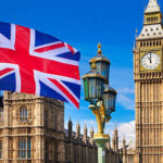 British flag, Big Ben, Houses of Parliament and British flag composition